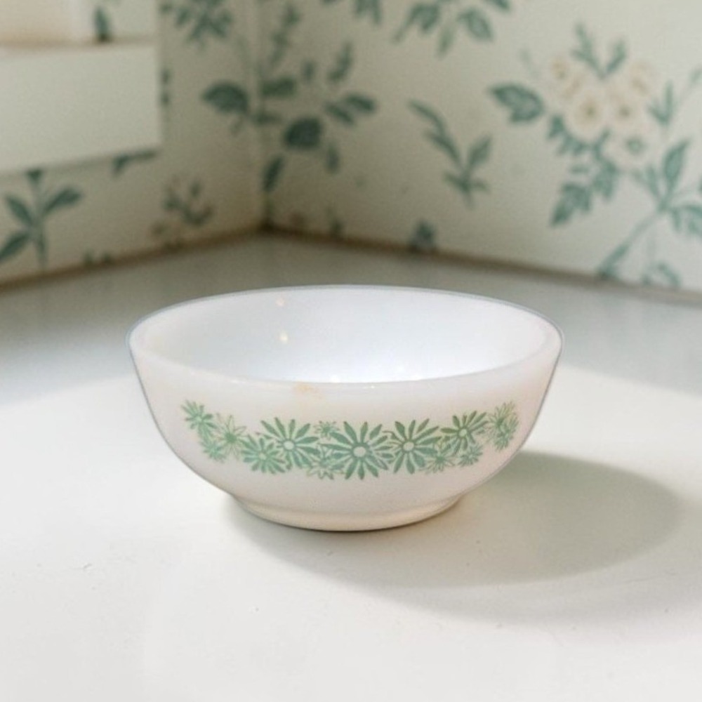 Glasbake Green Floral Design Bowl, Replacement Milk Glass Kitchenware, Vintage